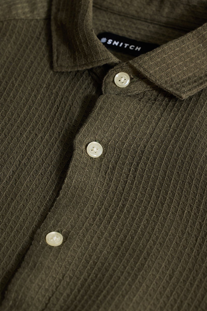 SNITCH Olive Slim Fit Textured Shirt - Image 3